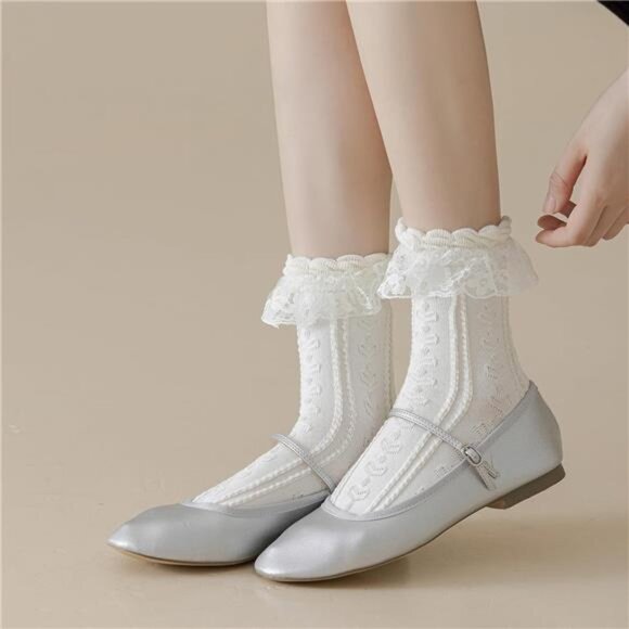 Womens Crew Socks Lace Ruffle Frilly Cotton Cute Princess Ankle Dress - Picture 2 of 7